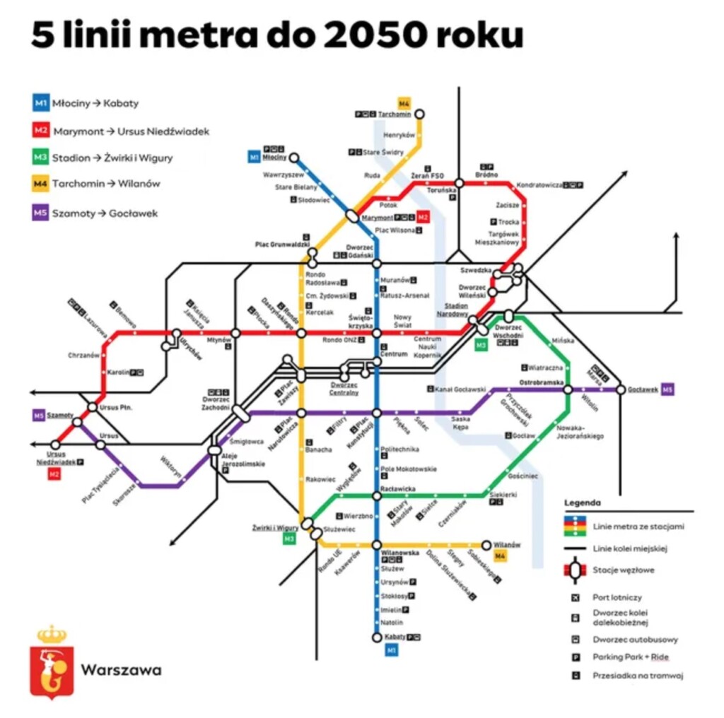 Autor: UM WarszawaPlan 5 linii metra. Linię M3 zaznaczono kolorem zielonym, linię M4 – żółtym, a linię M5 – fioletowym.
